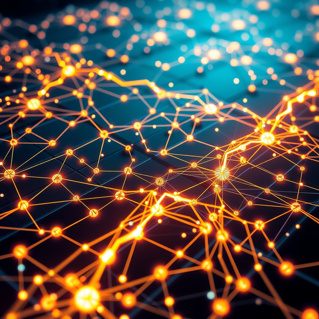 Solana blockchain network visualization showing 65 million daily transactions with glowing data streams and network nodes interconnected across a digital grid, representing unprecedented scalability and efficiency