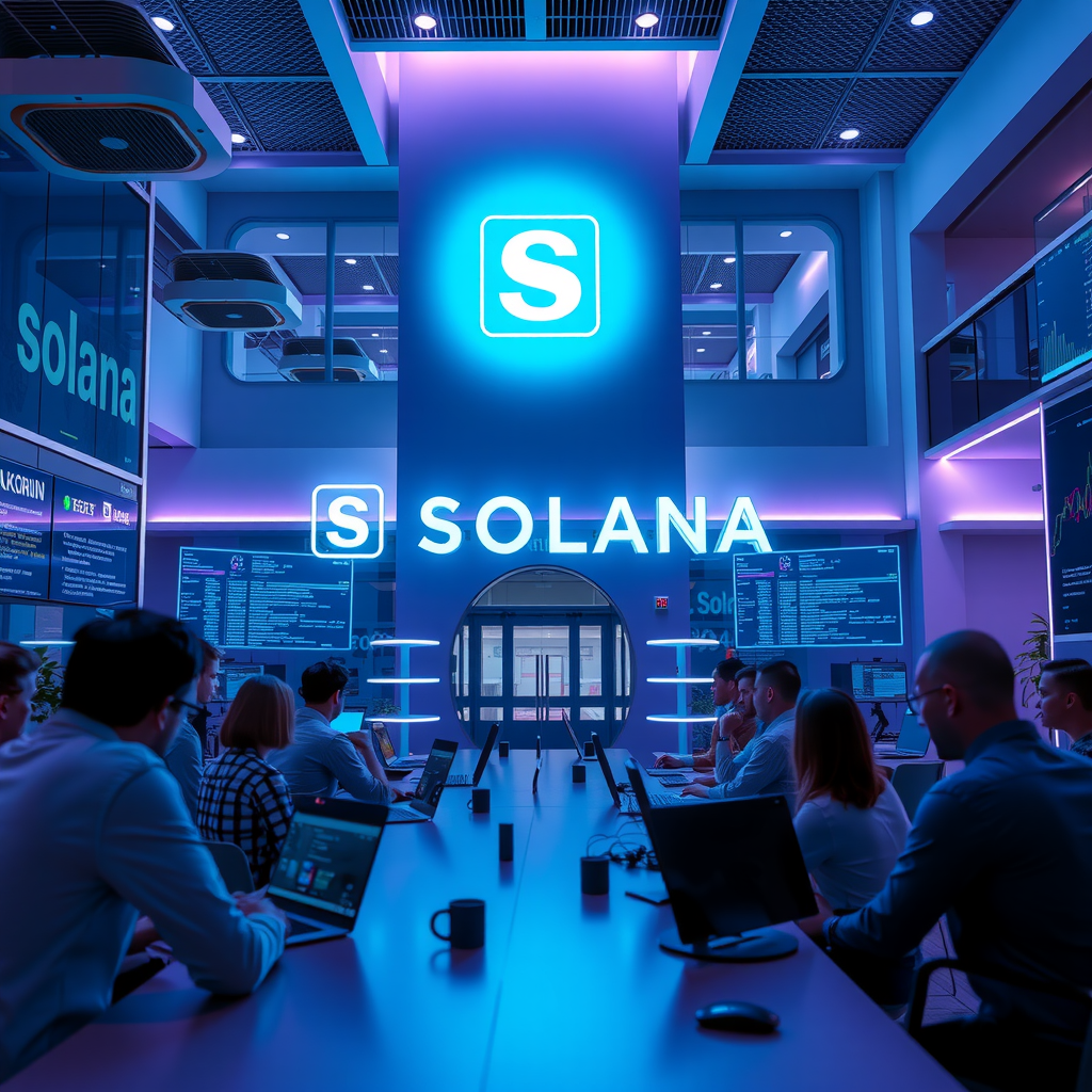 Solana Foundation headquarters with modern architecture featuring the Solana logo, developers collaborating on laptops with blockchain code on screens, vibrant cyan and purple lighting, professional tech environment