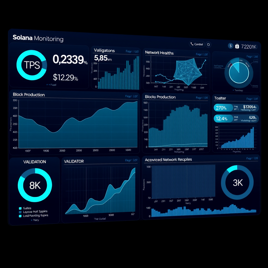 Advanced real-time monitoring dashboard displaying Solana blockchain network metrics including TPS counter, block production graphs, validator performance charts, network health indicators with glowing cyan data visualizations on dark navy background