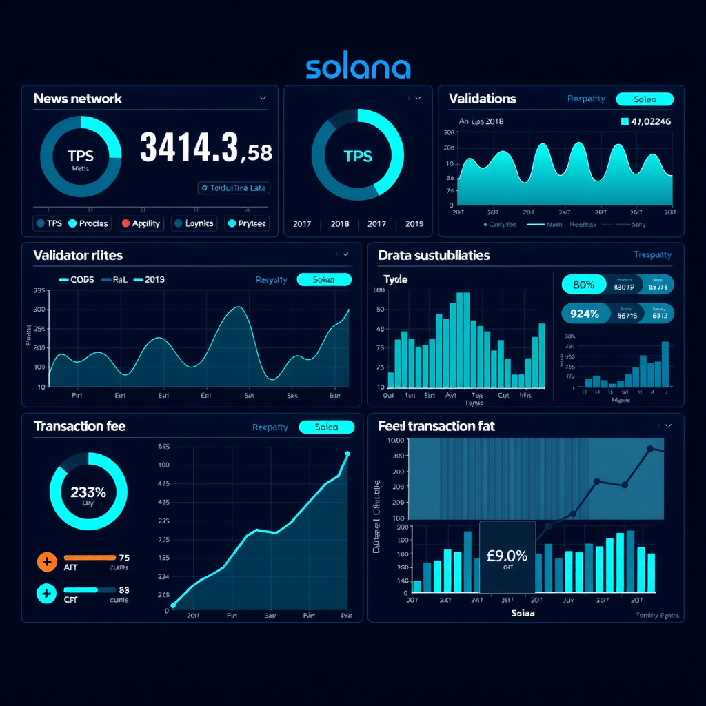 Advanced real-time monitoring dashboard showing Solana blockchain network statistics with live TPS metrics, block production rates, validator performance graphs, network health indicators, and transaction fee analytics displayed on multiple data visualization panels with cyan accent colors on dark navy background