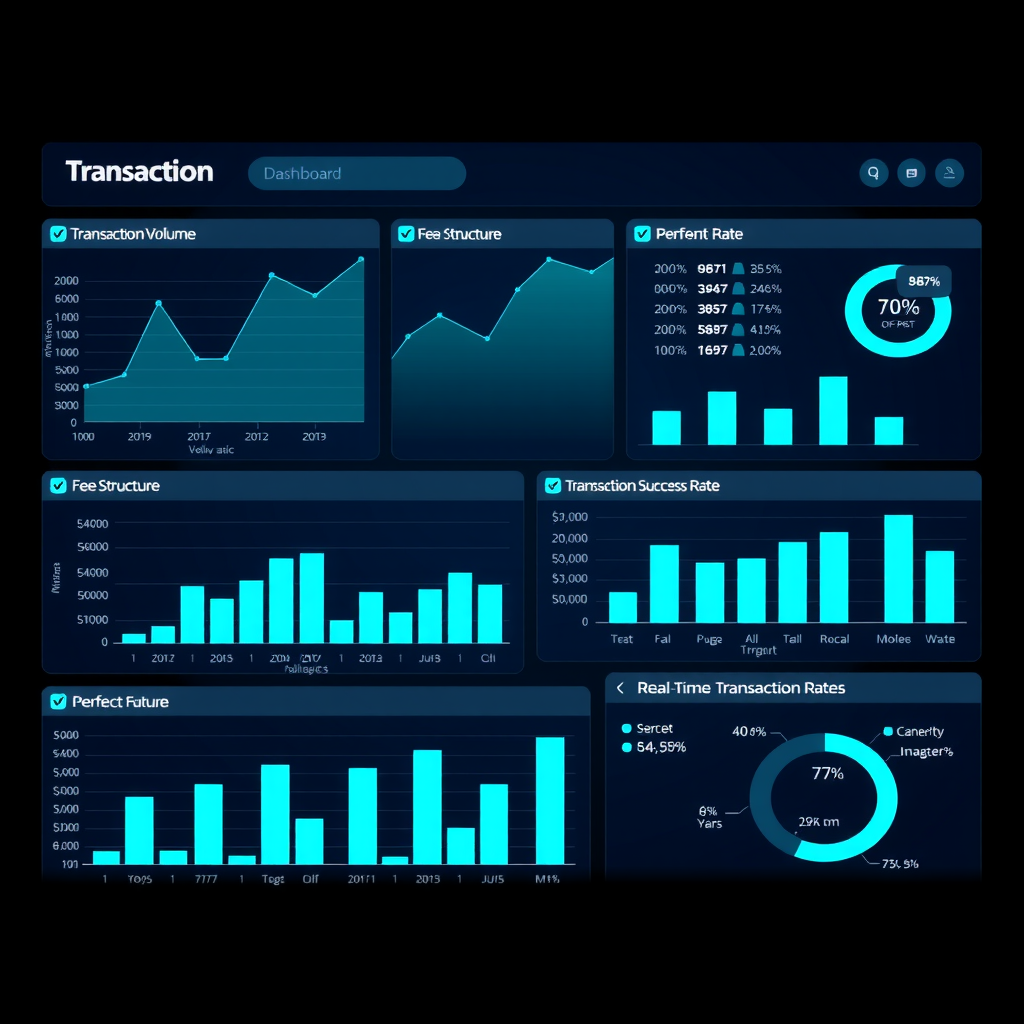 Transaction Analytics Dashboard showing multiple charts including transaction volume trends over time, fee structure analysis with bar graphs, and real-time transaction success rate metrics displayed on a dark navy interface with cyan accent highlights