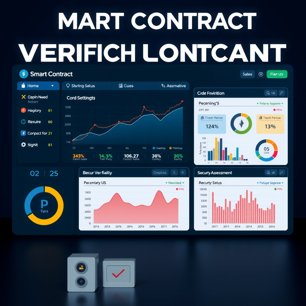 Smart Contract Verification Dashboard Interface showing program deployment analysis tools with code verification status indicators and security assessment metrics displayed on dark navy background
