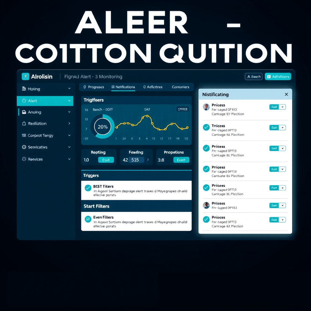 Advanced alert configuration dashboard displaying real-time blockchain monitoring interface with multiple notification channels, customizable triggers, and event filtering options on dark navy background with cyan accents