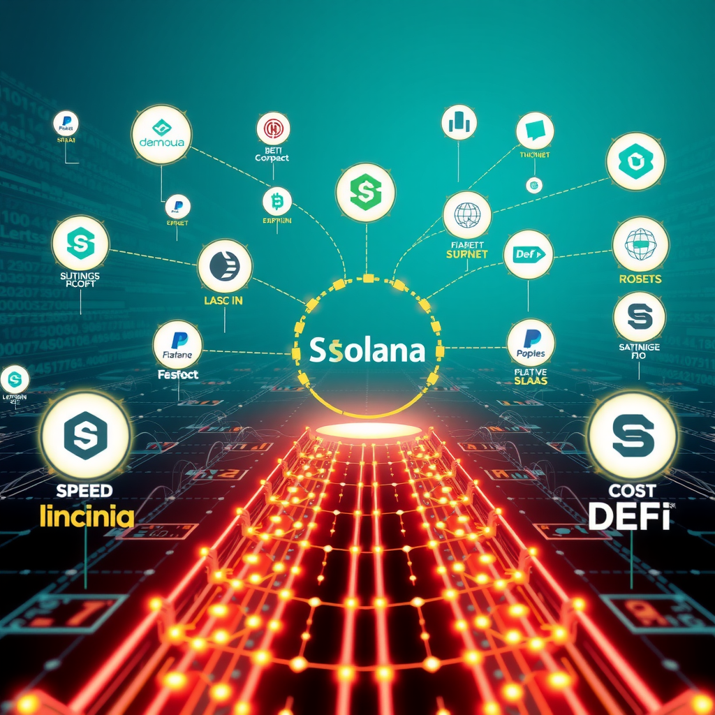 Decentralized finance protocols migrating to Solana blockchain, illustrated with digital pathways, smart contract symbols, and DeFi platform logos moving toward a central Solana hub with speed indicators and cost reduction graphics