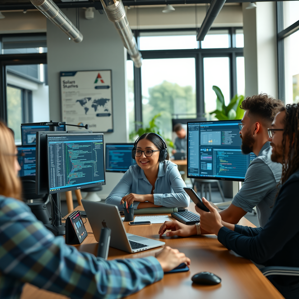 Diverse group of software developers working together on Solana blockchain projects, multiple computer screens showing code and DeFi applications, modern co-working space with natural lighting, collaborative atmosphere