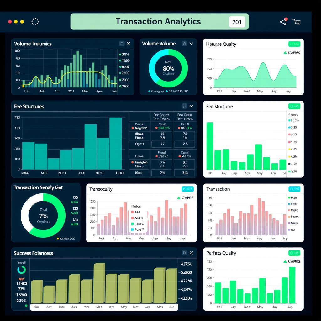 Detailed transaction analytics dashboard with interactive charts showing volume trends, fee structures, transaction patterns, success rates, and historical data comparisons with cyan and green data visualizations on dark interface