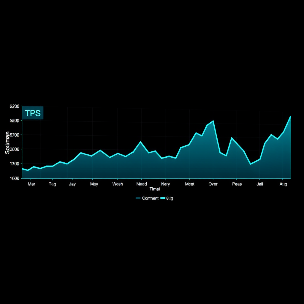 Real-time line graph displaying Solana network transactions per second over time with current TPS highlighted in cyan, showing network throughput fluctuations and peak performance periods on dark background