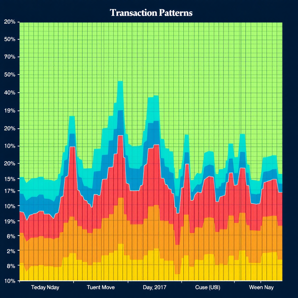 Heatmap visualization showing transaction patterns across different hours of the day and days of the week, with cyan highlights indicating peak activity periods and darker navy areas showing low activity times