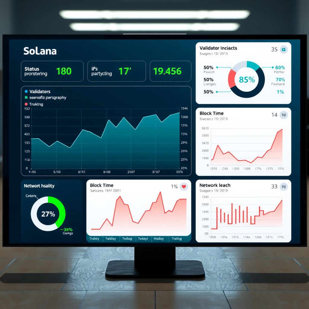 Network performance monitoring interface showing real-time Solana network metrics, validator status indicators, TPS graphs, block time analytics, and network health visualization with green success indicators