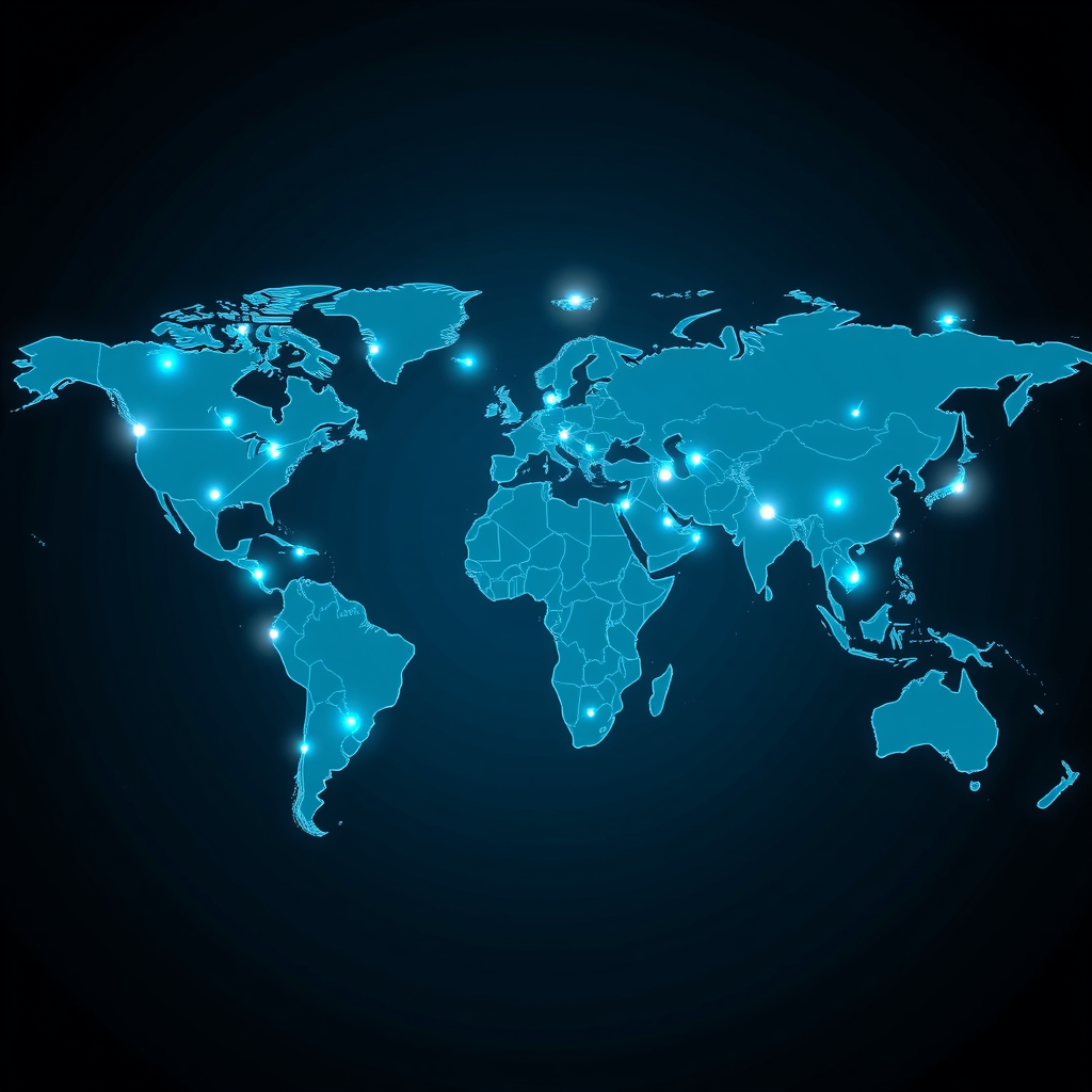 World map with glowing connection points showing global Solana developer network, digital nodes and blockchain connections across continents, futuristic visualization with cyan and blue color scheme