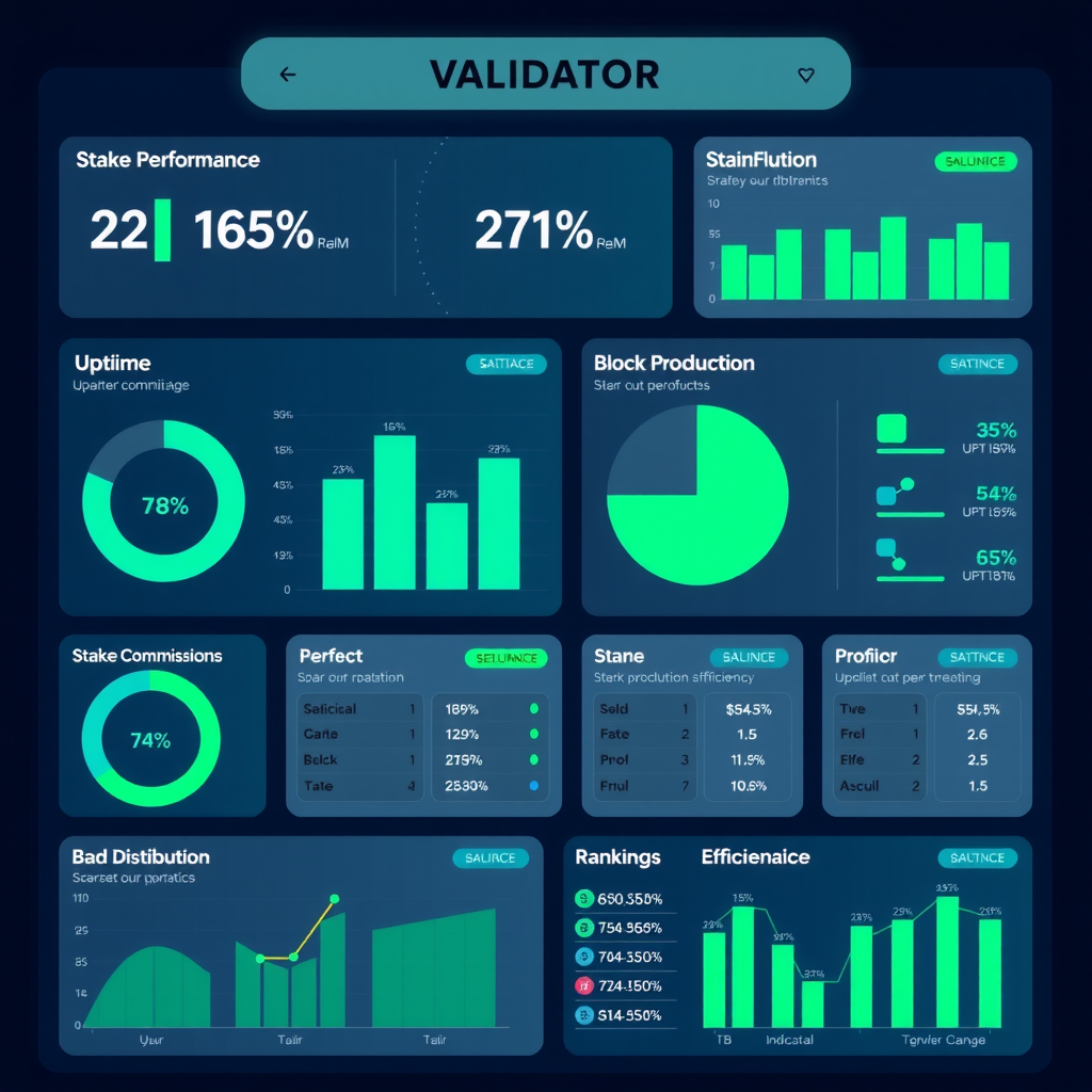 Validator performance tracking interface showing uptime percentages, stake distribution pie charts, commission rates, block production efficiency metrics, ranking systems with performance indicators in cyan and green colors on dark navy background
