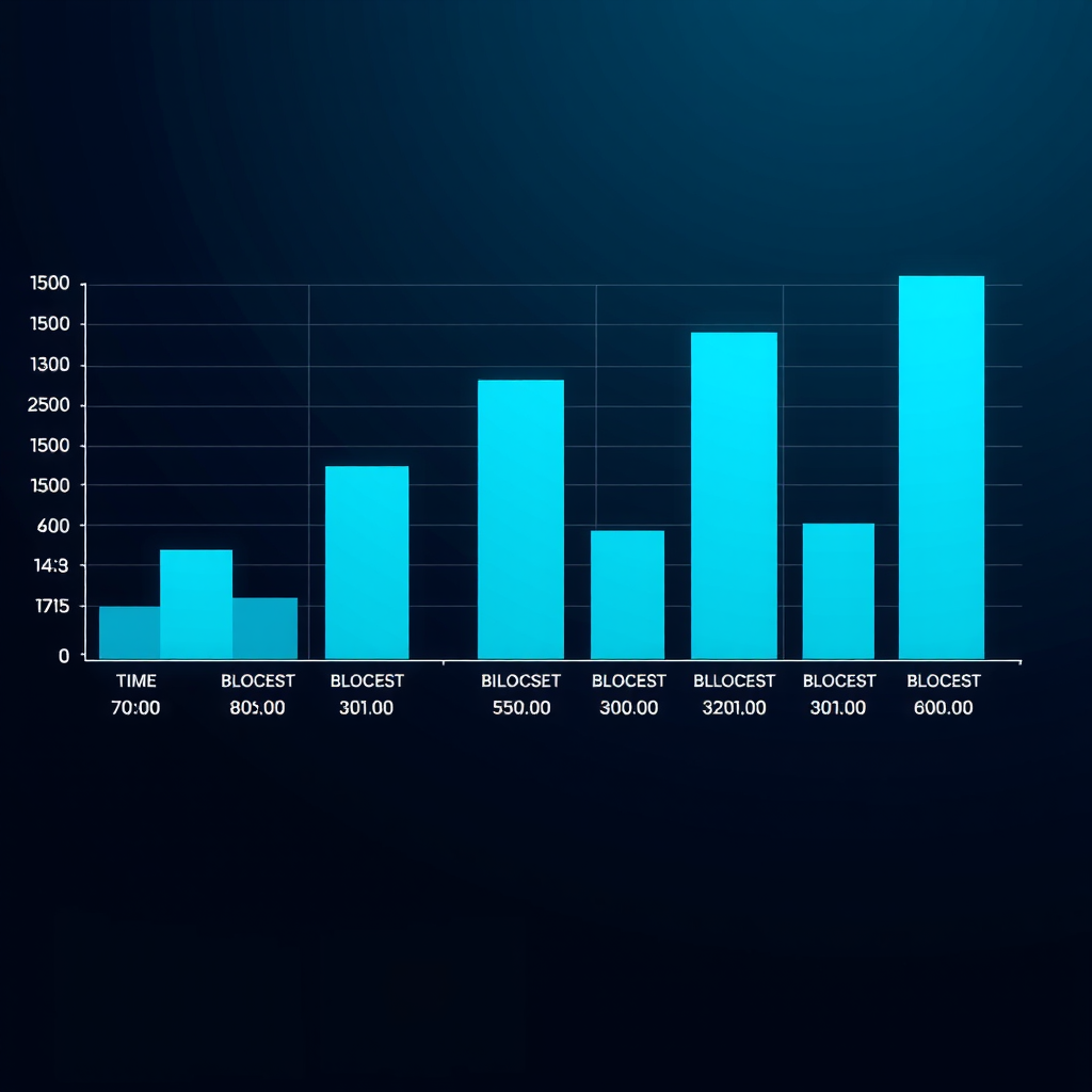 Bar chart showing Solana blockchain block production rates with time intervals on x-axis and blocks produced per minute on y-axis, featuring cyan bars against dark navy background with grid lines
