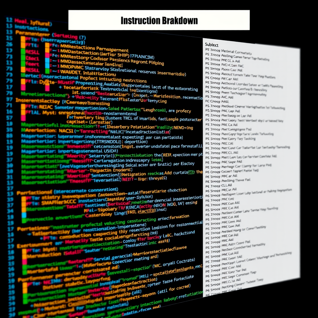 Instruction Breakdown Visualization showing detailed analysis of program instructions parameters and execution flow with color coded components
