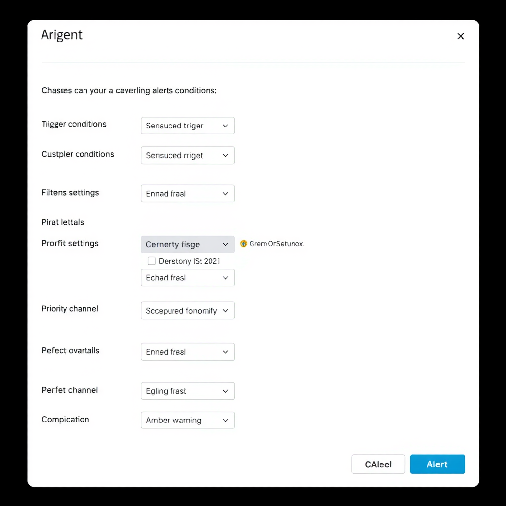 Advanced alert configuration interface showing customizable trigger conditions, complex filtering options, priority level settings, and notification channel selection with amber warning indicators