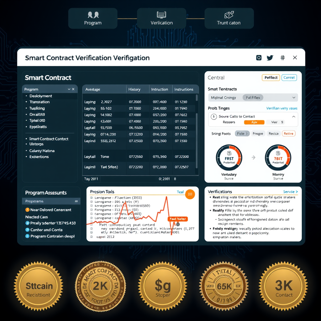 Smart contract verification platform interface displaying program deployment details, transaction histories, instruction breakdowns, security assessment tools, program account analysis with code snippets and verification badges on dark technical background