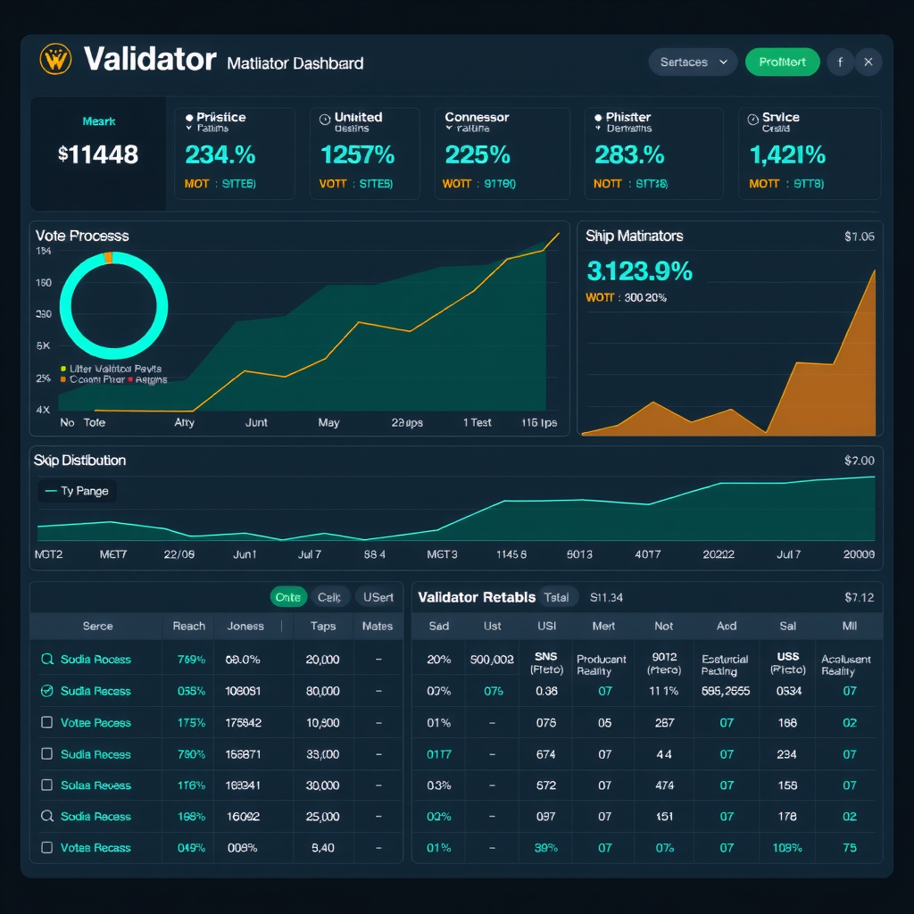 Comprehensive validator performance dashboard displaying multiple metrics including uptime percentages, vote success rates, skip rates, and stake distribution across Solana network validators with color-coded performance indicators and sortable data columns