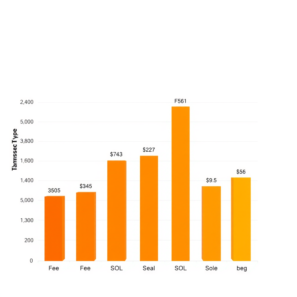Bar chart showing fee distribution across different transaction types with amber colored bars representing various fee levels, detailed labels showing fee amounts in SOL, and comparison metrics between different transaction categories
