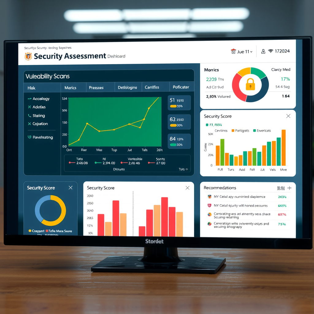 Security Assessment Dashboard displaying vulnerability scans risk indicators and security score metrics with warning alerts and recommendations
