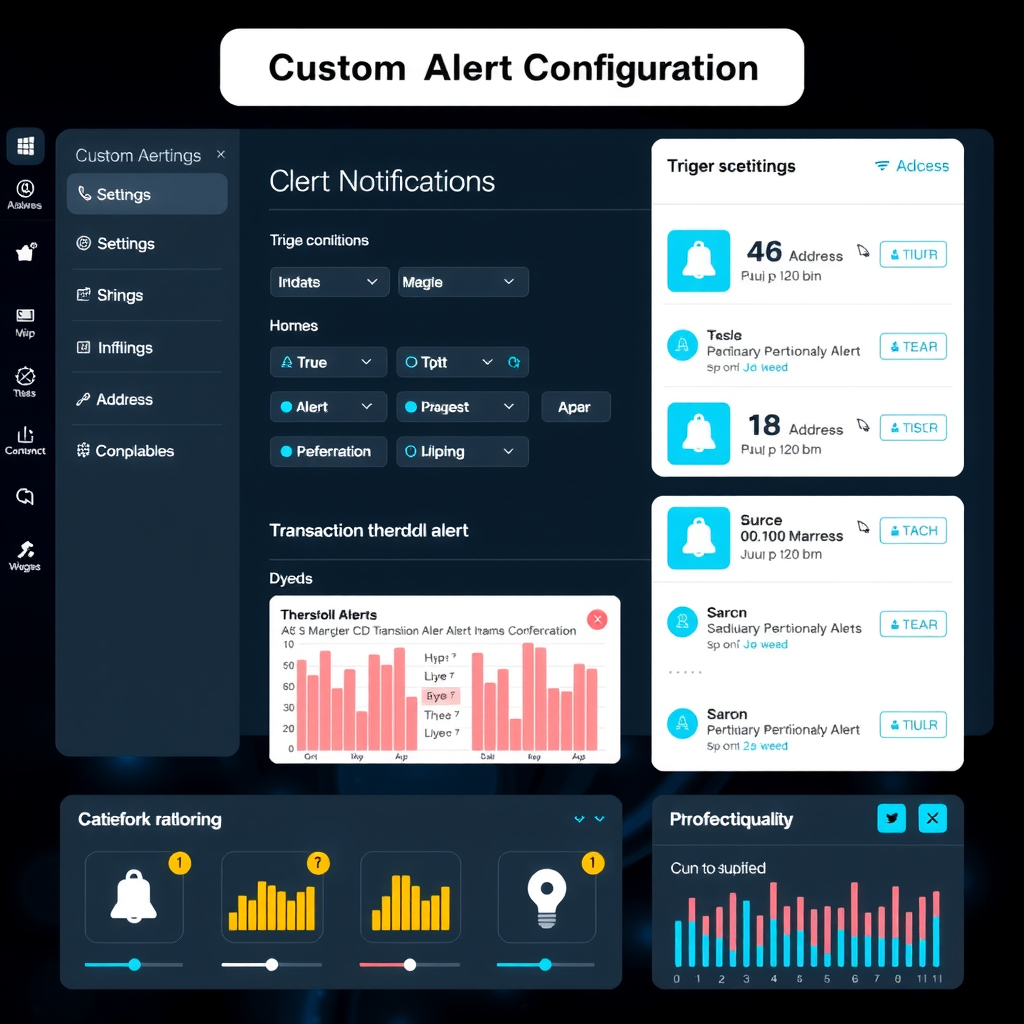 Custom alert configuration dashboard showing notification settings, trigger conditions, multiple notification channels, address monitoring, transaction threshold alerts, network performance indicators with bell icons and cyan notification badges on dark interface