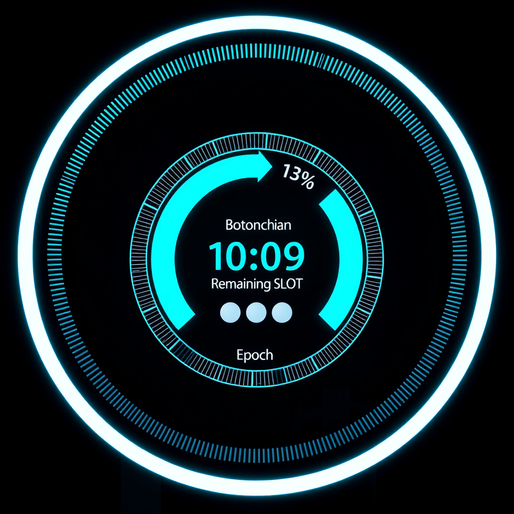 Circular progress indicator showing Solana blockchain epoch progression with percentage completion, remaining time countdown, current slot number, and epoch number displayed in center with cyan accent colors on dark background
