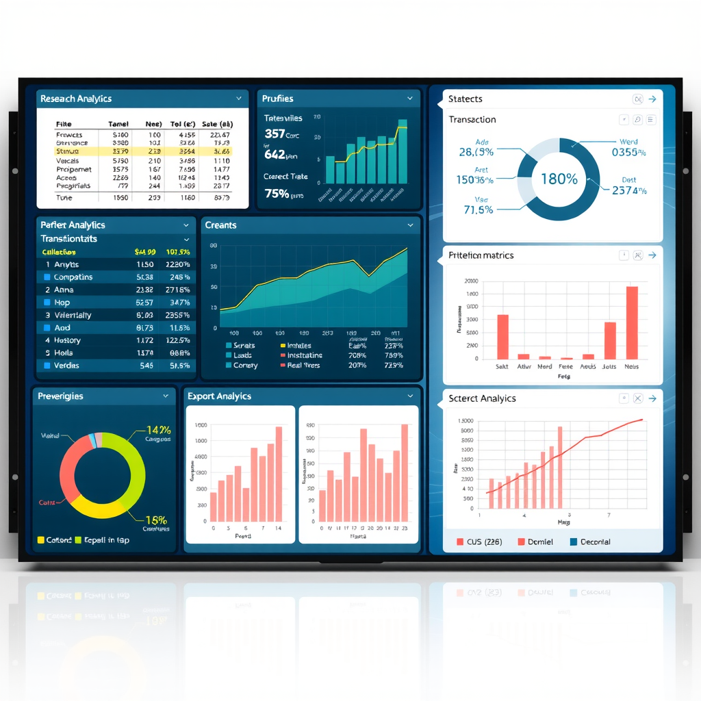 Research analytics interface showing multiple data panels with transaction metrics, statistical analysis tools, correlation matrices, and export options for academic and institutional research purposes