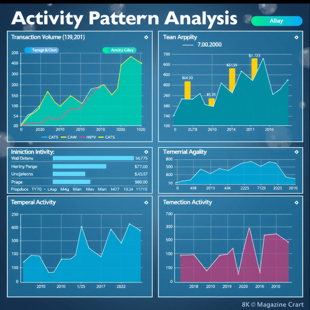Activity Pattern Analysis Charts showing transaction volume trends user interaction patterns and temporal activity graphs with statistical overlays